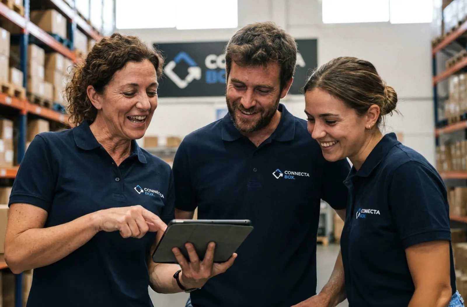 Equipo de ConnectaBox revisando un pedido en una tablet dentro de la bodega