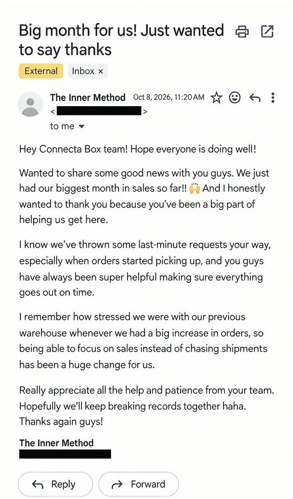 Correo de The Inner Method agradeciendo a ConnectaBox por su mejor mes de ventas