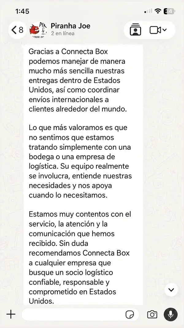Mensaje de WhatsApp de Piranha Joe recomendando a ConnectaBox como socio logístico