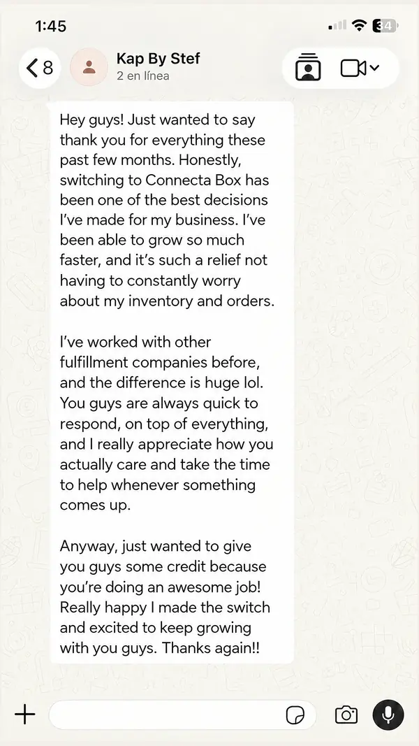 Mensaje de WhatsApp de Kap By Stef sobre lo mucho que ha crecido desde que cambió a ConnectaBox