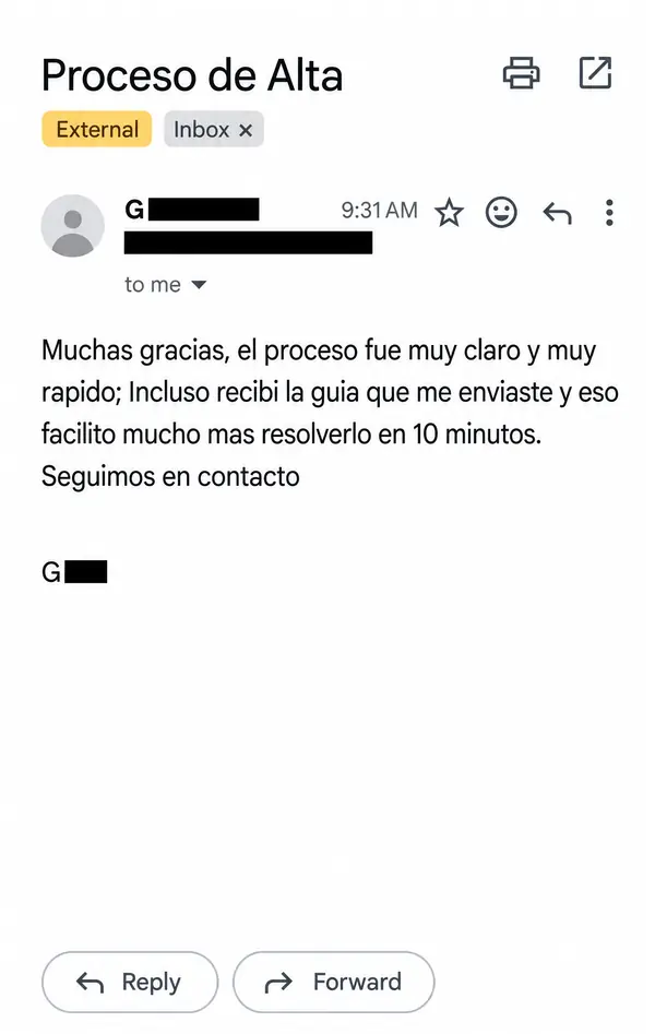 Correo de cliente: el proceso de alta fue claro y rápido
