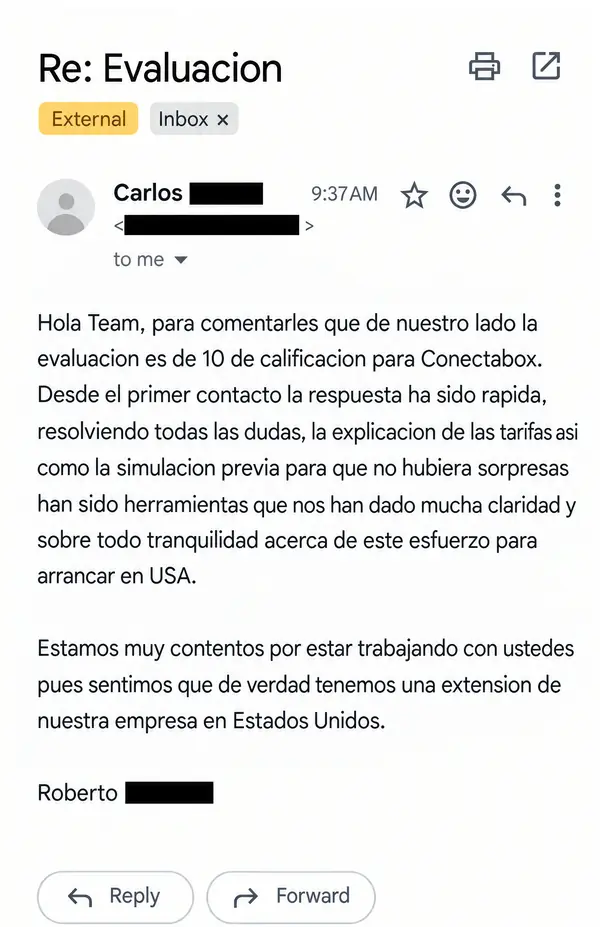 Correo de cliente que califica con 10 la evaluación de ConnectaBox