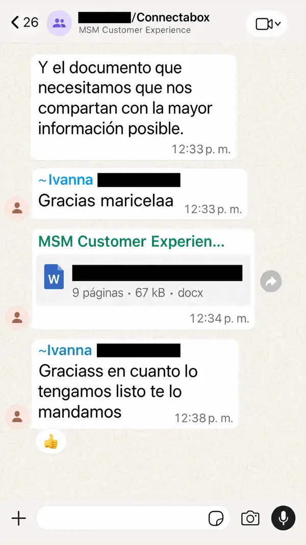 Conversación de WhatsApp con un cliente sobre el envío de documentos