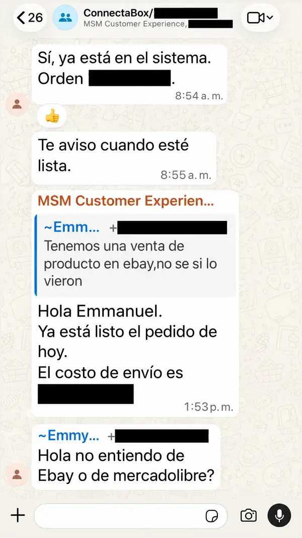 Conversación de WhatsApp con un cliente sobre la preparación de un pedido